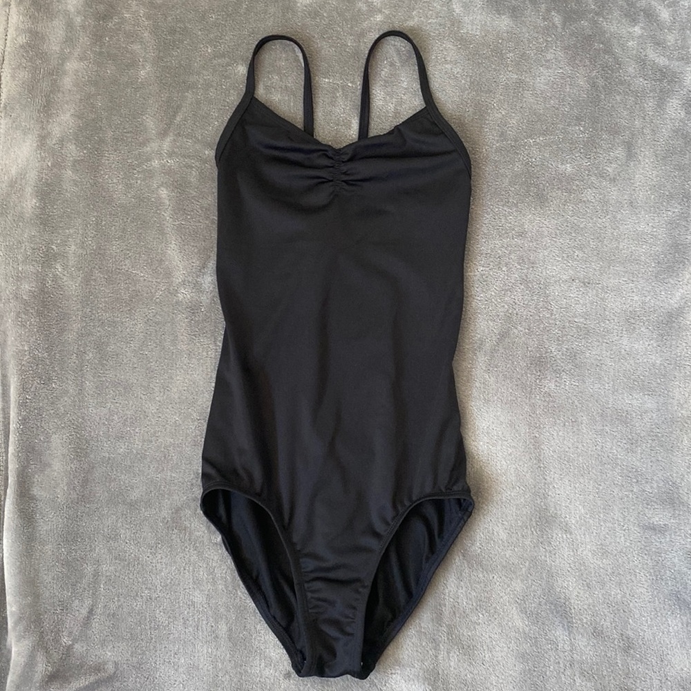 black high back pinch front leotard with cross back straps